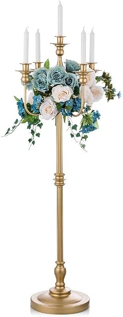 Sziqiqi 124cm Gold Metal Candle Holder, 5-Arms Candelabra Candleholder Antique Floor Candlestick Holder Decorative Dinning Table Centerpiece for Wedding Event Party