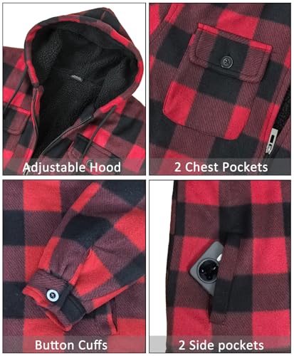 Image of Men's Flannel Jacket Hoodie Full Zip Up Plaid Thick Fleece Sherpa Lined Sweatshirt Winter Warm Coats