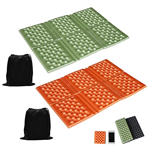 Pack de 2 Cojín de Asiento Para Exterior Plegable Cojín de Asiento Térmico Impermeable Almohadillas de Espuma Cojines Asiento Picnic(Naranja, Verde Militar, Con Bolsa de Transporte) Cover