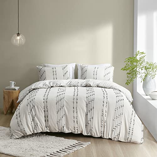 Image of Ink+Ivy Comforter Set for Queen Size Bed - Cotton Comforter Set, Boho Bedding Set for All Seasons, Farmhouse Bedding Comforters & Sets with 2 Pillowcase, Jacquard Stripes, Ivory 3 Piece Full /Queen