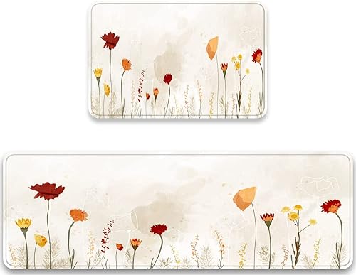 Alfombras de cocina antifatiga flores de acuarela hojas árboles flores silvestres fáciles de limpiar antideslizantes alfombras de cocina para suelo