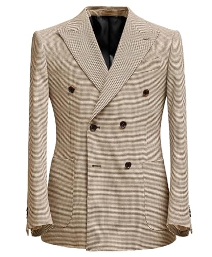Men's Double Breasted Suits Jackets Houndstooth Sport Coat for Wedding Business Plaid Blazers