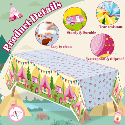 Image of Table Cover Party Decor - 3 Pack Pink Camping Themed Disposable Plastic Rectangle Table Cloths Birthday School Christmas Holiday Party Favors Classroom Decoration Supplies Games Activities