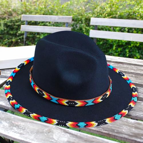 Native American Handmade Fedora Hats with Hatband Beaded Brim from Beads Boho Native Beaded Hat for Men Woman Style Black Dusk Pattern - Image 5