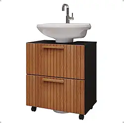 Gabinete Com 4 Rodinhas Armário De Banheiro Para Pia De Coluna Duas Portas Puxador Madeira(Preto Ripado)