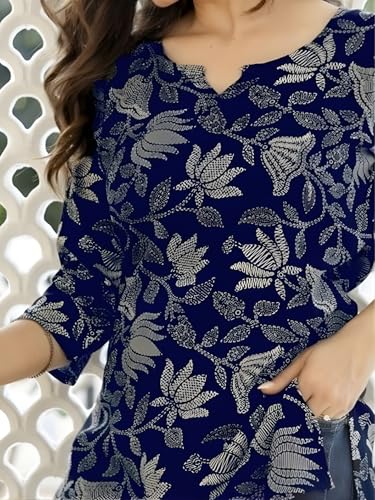 Image of Women's Cotton Printed Short Kurti, Round Neck, Three Quarter Sleeve, Straight Fit, Pack of 2