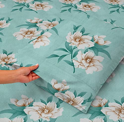Image of HOMEKART 120 TC Cotton Rich Elastic Corner Fitted Bedsheet with 2 Pillow Covers | Double Bed 72x68+6 Inches | Wrinkle-Free, Super Soft & Breathable Floral Design | Light Green
