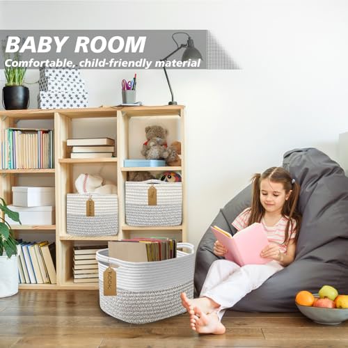 Image of Woven Storage Basket, Cotton Rope Closet Organizers Bins for Clothes Blanket Towels, Stylish Gift Baskets with Handles, 13.4 x 9.3 x 9.5 in, White and Grey (Pack of 1)