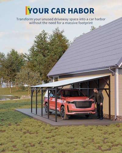 Image of Garvee 12x20 ft Lean-to Metal Carport, Vertical Roof Wall-Mounted Car Port with 11.5 Slope, Heavy-Duty 19-Ga. Steel Frame, 107 inch to 78 inch Height Clearance for SUV & Pickup