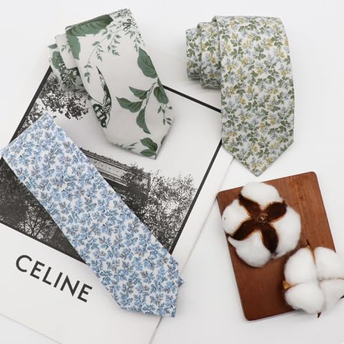 Image of Luckyvestir Ties for Men, Sage Green Cotton Floral Tie 2.76 inch Flower Printed Men's Neckties for Wedding /Groomsmen /Suit /Party