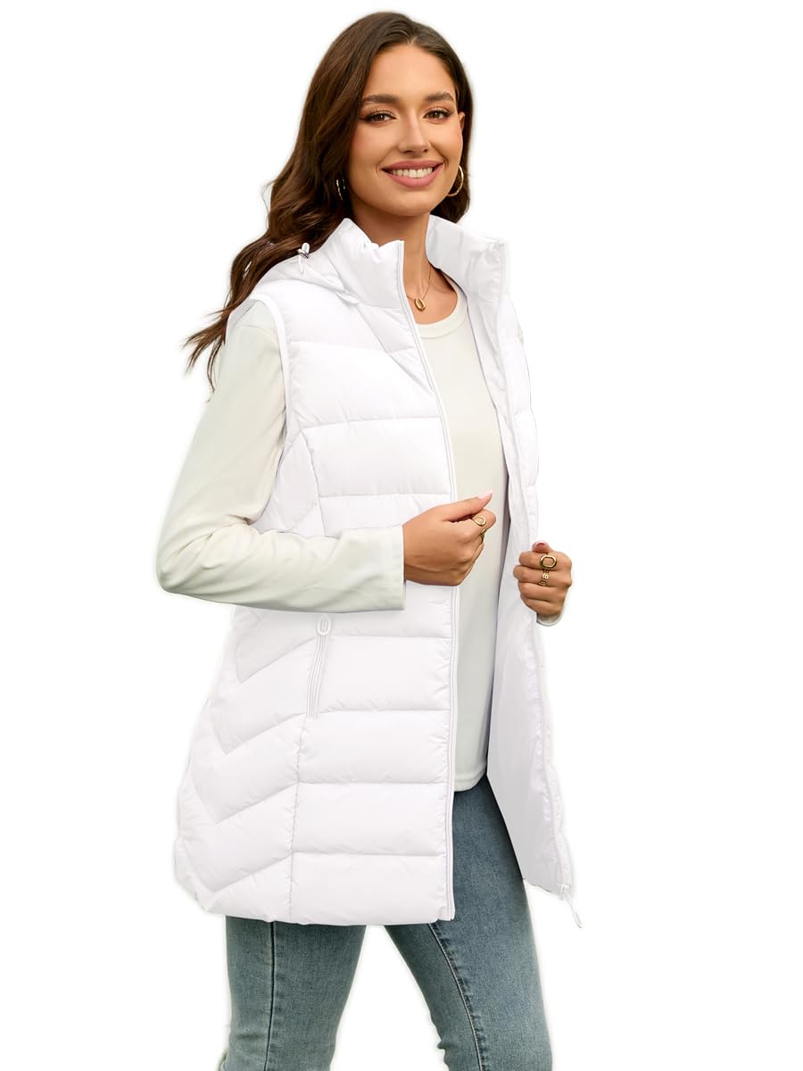 Long Puffer Vest for Women with Hood Lightweight Packable Sleeveless Vest for Spring Fall Winter