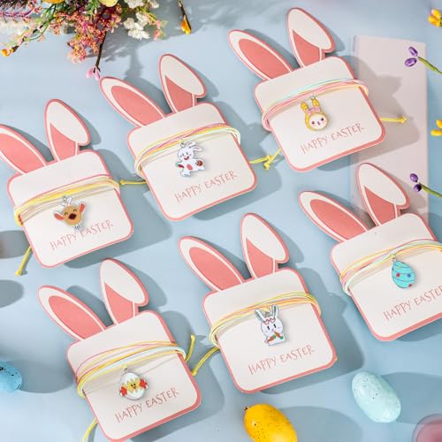 24 Sets Easter Bracelets with Cards, Happy Easter Gifts for Girls Women String Bracelets Bulk Cute Adjustable Bunny Egg Charm Bracelets for Teens Easter Basket Stuffers Jewelry2