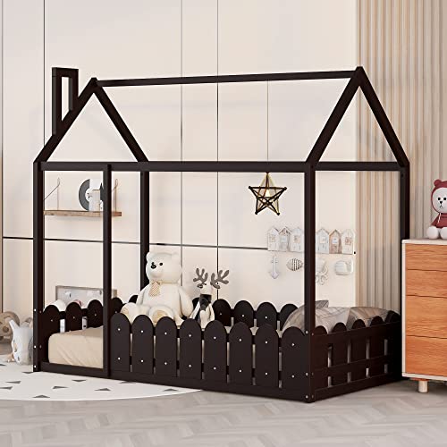 Harper & Bright Designs Twin House Bed Frame for Kids, Wood Twin Montessori Bed with Fence-Shaped Guardrails, Toddler Floor Bed Frames for Girls, Boys,Espresso