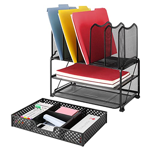 Ekisemio 2 Tier Desk File Organizer, Letter Tray Paper Organizer With Drawer For Office, Black #TOP3