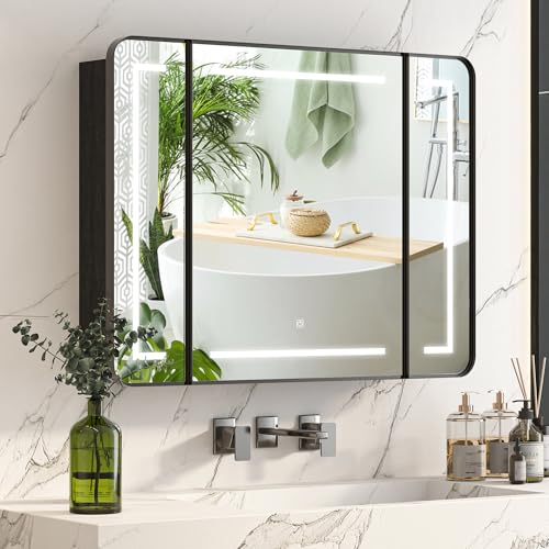 Mepplzian Spiegelschrank Bad mit Beleuchtung 3 Türen, Spiegelschrank mit Beleuchtung, 15 x 100 x 76 cm， Badezimmerschrank mit Spiegel, Badschrank hängend für Bad mit Viel Stauraum, Dimmbar, Schwarz
