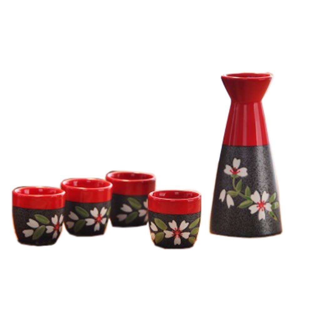 Saké en céramique japonais met les tasses avec la fleur de cerisier peinte à la main, rouge