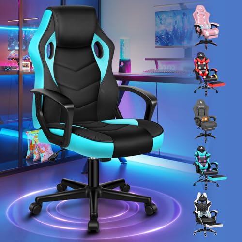Alfordson Silla De Escritorio De Carreras, Ergonómica, Ajustable En Altura Y Acolchada, Capacidad De Carga De 150 Kg, Silla De Oficina Giratoria Para Juegos De Pc Para Oficina En Casa, Color Cian