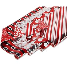 American Greetings Foil Christmas Wrapping Paper Rolls, Metallic Silver, Red, and Black, Holiday Gift Wrap 80 sq. ft., 4 Rolls-30 in. x 8 ft., Reversible Santas Belt, Candy Cane Stripes, Snowmen