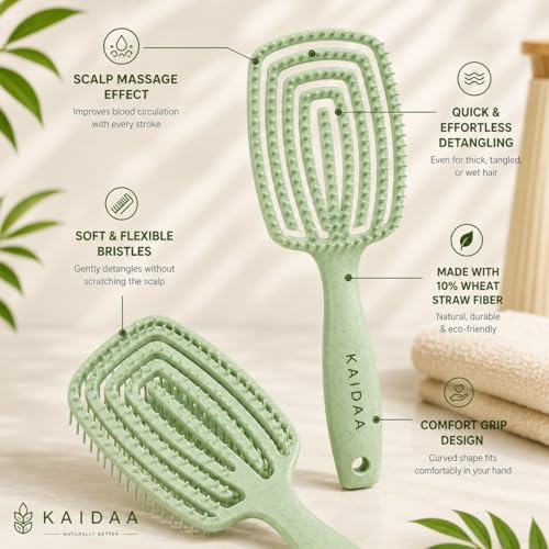Image of KAIDAA Scalp Breeze Brush | Flexible Vented Detangling Hair Brush for Wet and Dry Hair | Gentle Scalp Massage | Plastic-Reduced Design with 10% Wheat Straw (Olive Green)
