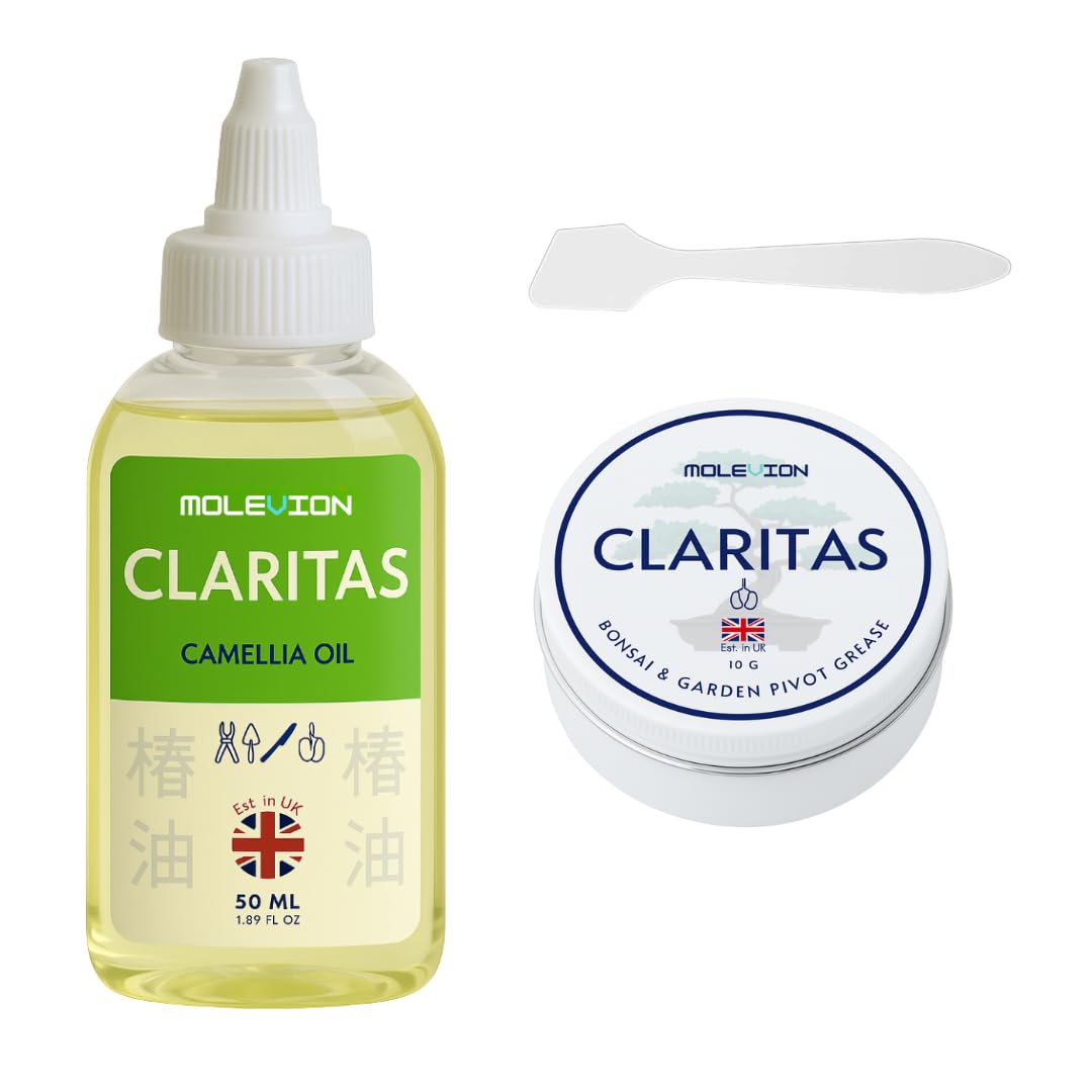 Molevion Claritas Bonsai Tool Care Kit – Camellia Oil Blend (50 ml) + Bonsai & Garden Pivot Grease (10 g) | Rust Protection & Smooth Action for Bonsai Shears, Garden Scissors & Pruning Tools