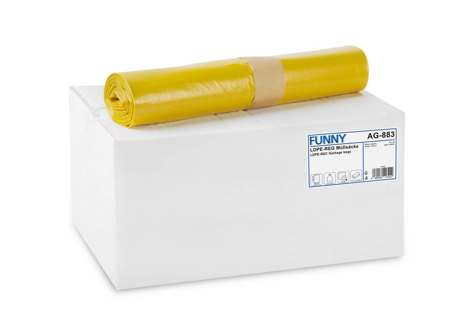 Funny AG-883 Sacchi Della Spazzatura, in Ldpe, Capacita 120 L, Giallo, 700 X 1100 mm, 250 Pezzi