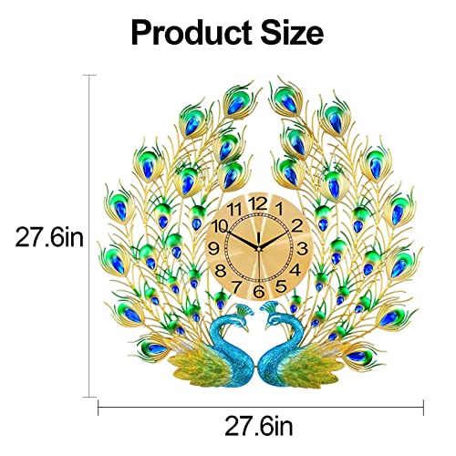 Eurson Large Peacock Wall Clock 27.6 Inch Non-Ticking Silent Crystal Creative Personality Modern Art Decorative Wall Clocks For Living Room Decor (27.6 * 27.6Inch, Yellow) #TOP3