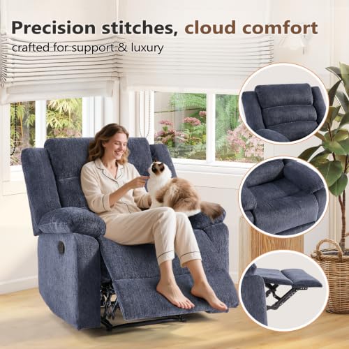 Image of ANJ Overstuffed Manual Recliner Set of 2, Soft Chenille Fabric - Blue