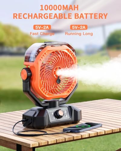 Image of coldSky Rechargeable Portable Mist Fan for Home, 10000mAh Battery Table Fan Big Size with Water Spray, 360mL Water Tank, Dual Mist Modes, LED Lights, 8 Speeds Winds, Kitchen Fans for Cooking Orange