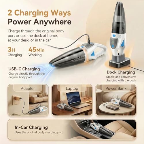 Image of Handheld Vacuum Cordless, 25000Pa Powerful Suction Car Vacuum Portable Cordless with 8000mAh Battery & LED Light, Hand Held Vacuum Rechargeable with HEPA Filters, Home, Car Seats, Pet Hair White