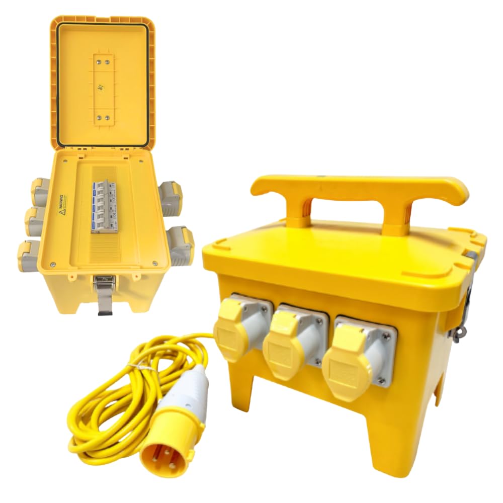 5 Way Splitter Box | 110V Power Distribution Junction Box | 5 Outlets IP44 Rated 3x 16A - 2x 32A Panel Sockets and Plug | 3 MCB Breakers | 3m Cable for Worksites | Construction Site | Industrial Tools