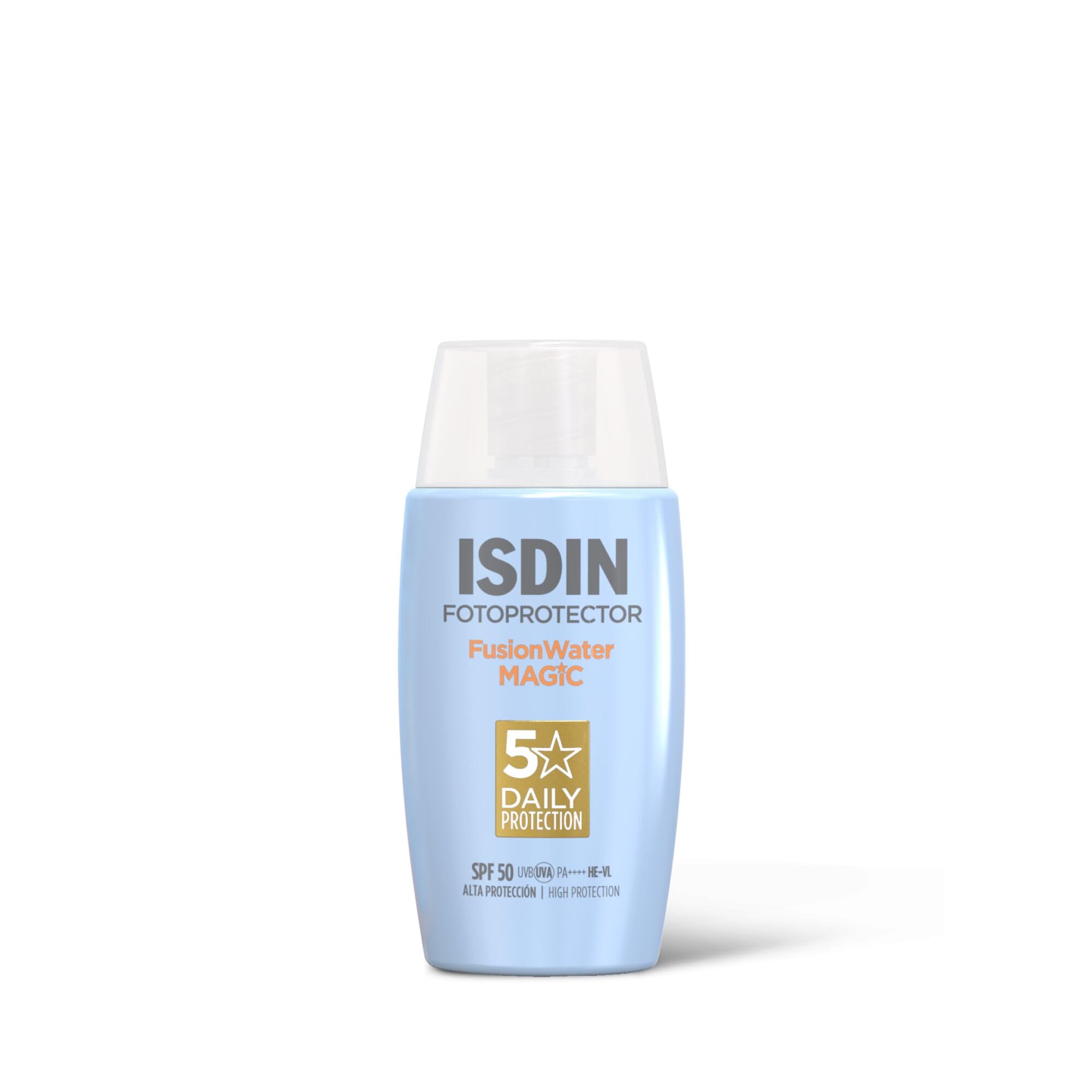 ISDIN Fotoprotección Fusion Water MAGIC SPF 50, Protector Solar Facial de Textura Ligera y Fase Externa Acuosa con Tacto Final Sedoso, 50ml