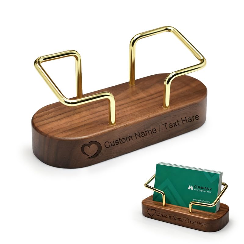 Custom Business Card Holder for Desk, Engraved Walnut Wood Card Stand