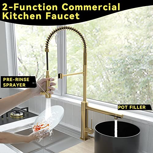 Cwm Brushed Gold Kitchen Faucet With Pull Down Sprayer And Pot Filler,2-Function High Arch Single Handle Commercial Style Kitchen Faucets With Spring Spout For Kitchen Sink,26.61Inch #TOP3