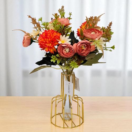 Image of CURATED CART Artificial Flowers 2 Bunches - 9 Mixed Flower Heads Each - Roses, Daisies & Chrysanthemums - Faux Flowers for Vases, Home Decor, Office, Parties (Orange) (No Vase)