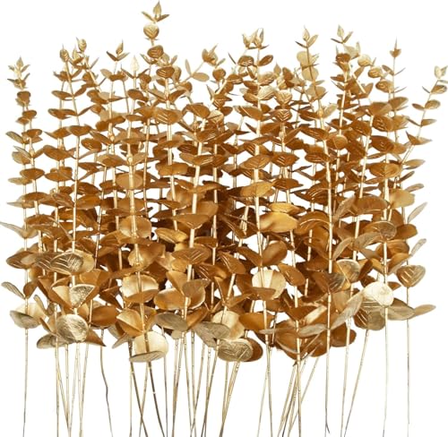 Amzboen 10 Pieces Gold Artificial Eucalyptus Stems Faux Eucalyptus Spray Fake Leaves Decor Fall Faux Floral Arrangement Artificial Fake Flower for Wedding Party Bouquet Home Vase DIY Craft