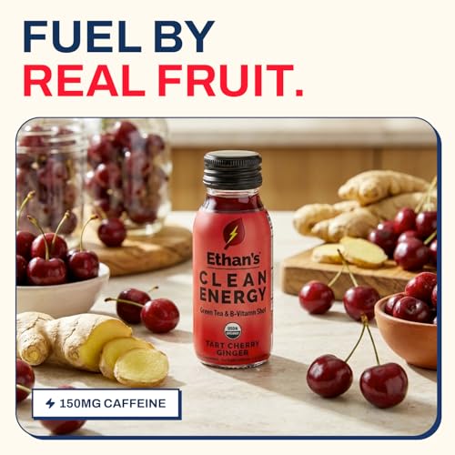 Image of Ethan's Organic Clean Energy Shots Tart Cherry Ginger, 6 Pack of 2oz | 150mg Caffeine | Green Tea, Guayusa, Lion's Mane & Cordyceps | Sugar-Free, Vegan, Gluten-Free, USDA Organic
