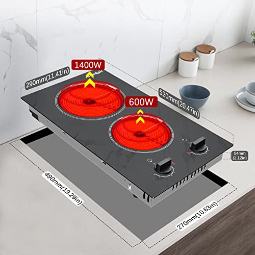 Cooksir Electric Cooktop 12 Inch, 110V Countertop Electric Stove Top 2000W, 2 Burners Ceramic Cooktop With Residual Heat Indicator, Over-Temperature Protection, 9 Power Levels, Knob Control #TOP5
