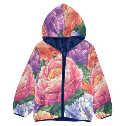 Floral Pattern with Colors Toddler Fleece Jacket Girl Boys Hooded Fleece Jacket Coat Warm Outwear Zip-up 3-10T