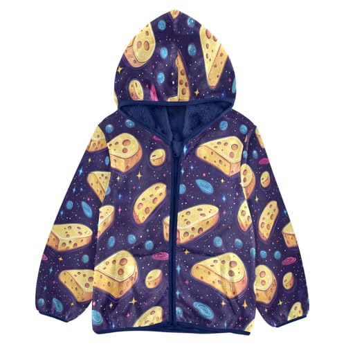 Cheese Blocks in Space Pattern Toddler Fleece Jacket Girl Boys Hooded Fleece Jacket Coat Warm Outwear Zip-up 3-10T