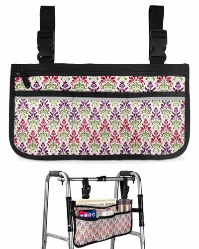 Anzona Boho Green Red Purple Floral Wheelchair Side Bag Walker Bag, Southwestern Geometric Wheelchair Accessories Armrest Pouch, Organizer Storage Bag for Walkers, Rollators, Scooters, 7.3''x13''
