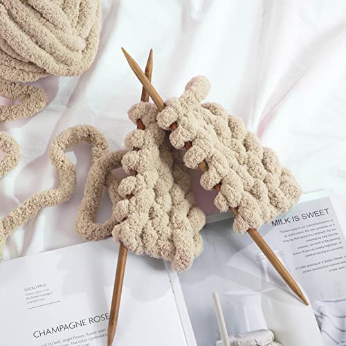 هومبيز خيوط شانيل مكتنزة كاكي للحياكة، خيوط غزل سميكة ومنفوشة للحياكة، خيوط غزل سميكة للغاية للحياكة اليدوية، خيوط مخملية ناعمة، عبوتان جامبو (27 ياردة، 8 اونصة لكل شلة)