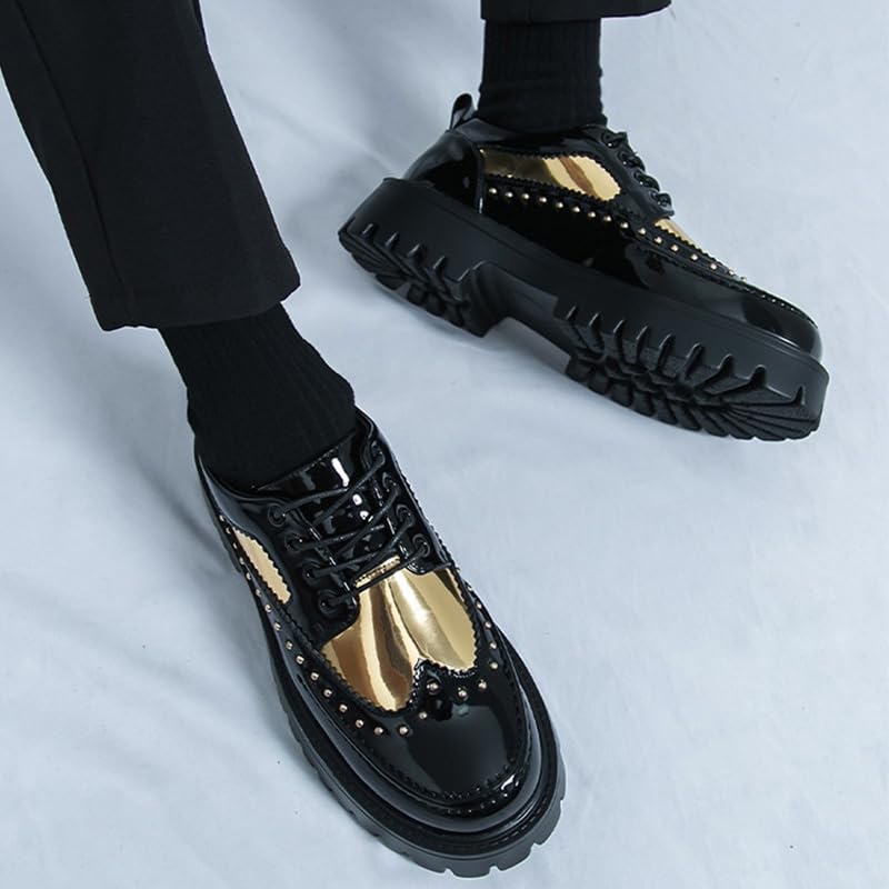Image of Men's Patent Leather Platform Dress Shoes Classic Round Toe Thick Lug Sole Lace Up Oxfords Comfort Block Heel Derby Business Casual Shoes