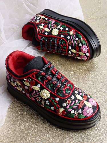 Image of Vendoz Women Hand Embroidery Wedding Party Bridal Floral High Heel Sneakers I Cushioned Insole I Comfortable Wear Wedge Shoes I for Ladies and Girls