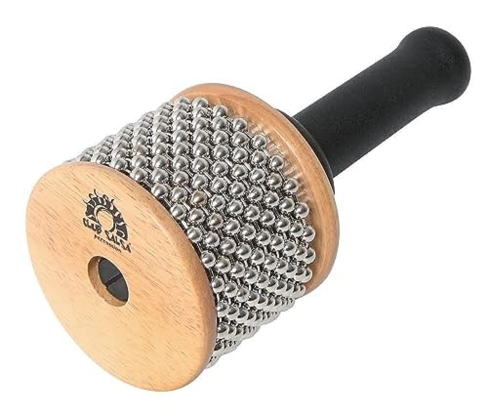 GEWA Cabasa 18 x 11 cm – instrument perkusyjny z korpusem z drewna, powierzchnią metalową i łańcuszkami z metalowych kulek – naturalny – gumowy uchwyt