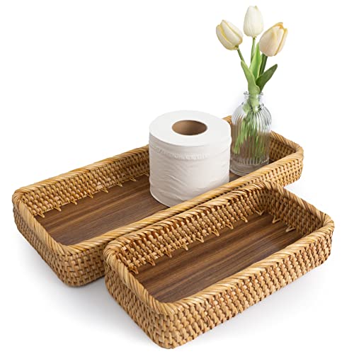 Long Narrow Rattan Tray For Bathroom Vanity Trays Decorative Jewelry Makeup Woven Back Of Toilet Organizer Tray Serving Rectangle Paper Towel Storage By Kolstraw (Set 2: 16X6, 10X6) #TOP6