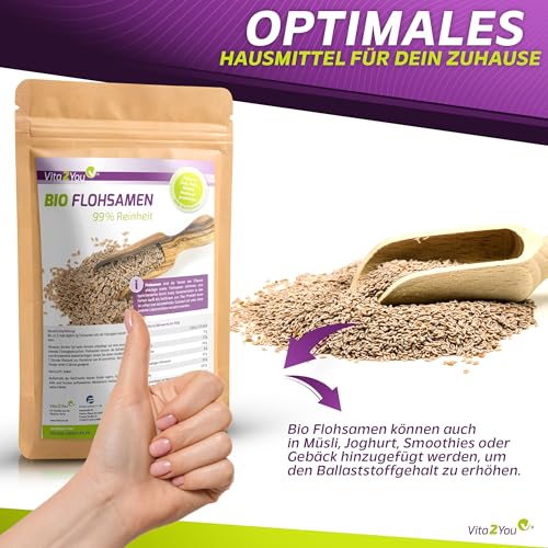 Vita2You BIO Flohsamen 99% Reinheit - 1000g Zippbeutel - Höchste Reinheit - 1kg indische Flohsamen - Premium Qualität