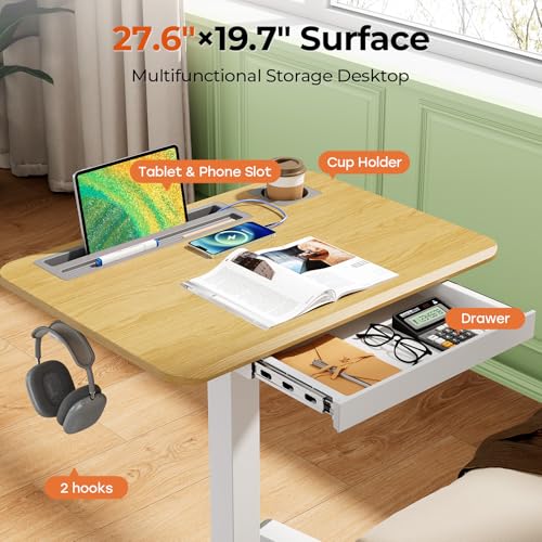 Image of Mobile Standing Desk with Drawer, 28 inch Rolling Desk with Cup Holder and Hooks, Portable Laptop Workstation on Wheels, Height Adjustable Cart with Storage for Home Office, Maple