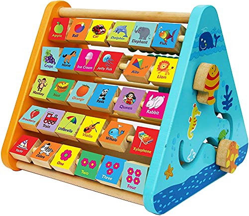 Image of Toyshine 5 in 1 Wooden Activity Centre Triangle Toy | Alphabet, Blocks, Abacus, Clock, Writing | Toys for Babies Montessori Learning Toy for 1-5 Year Old - B