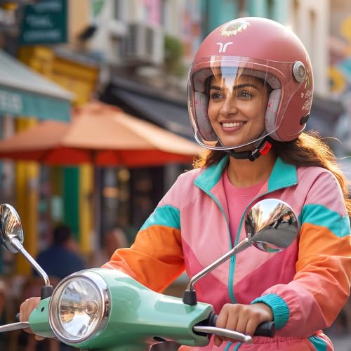 Image of TVARRA Lotus ISI & DOT(USA) Certified Women's Open Face Helmet Design Helmet, Lightweight Material, Crafted for Women, Extreme Comfort fit with Clear Visor