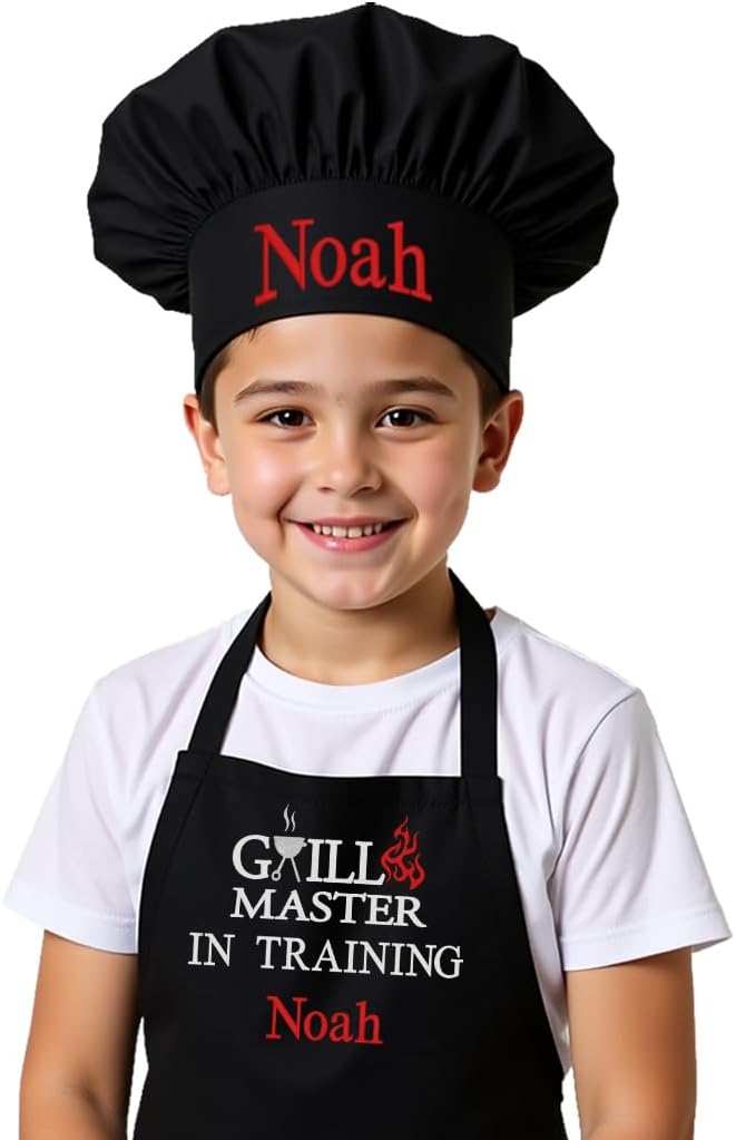 Made in the USA Personalized Embroidered Premium Child Apron and Chef Hat for Kids Girls Boys Fun in the Kitchen Gift (CAN Royal, Regular with hat)